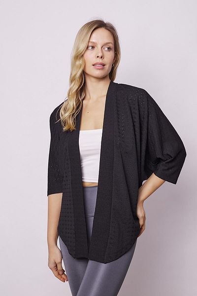 Jument Women's Lycra Perforated 1St Class Fabric Lace Bat Casual Comfortable Cut Stylish Cardigan-Black