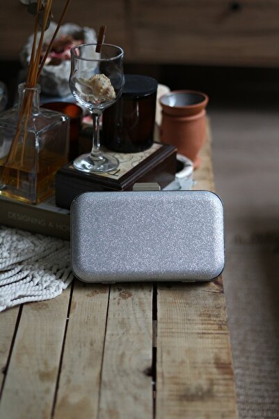 Moom Bag Women's Silver Glitter Texture Clip Detailed Evening Dress Hand Shoulder Bag