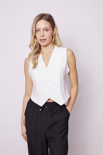 Jument Women's Linen Look Lycra Free Vest - D Buckle, Lightweight Relaxed Fit, White