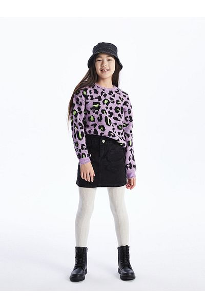 LC Waikiki Pink Crew Neck Patterned Long Sleeve Girls' Knitwear Sweater