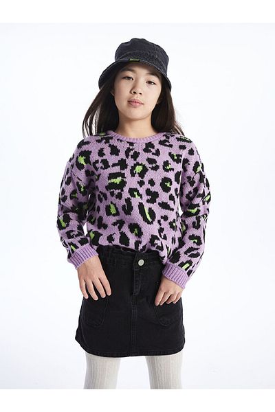 LC Waikiki Pink Crew Neck Patterned Long Sleeve Girls' Knitwear Sweater