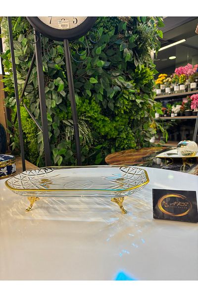 ARS HOME DEKOR Paşabahçe Timeless Gold Gilded Metal Short Gold Legs Decorative Presentation Tray, Boat Plate