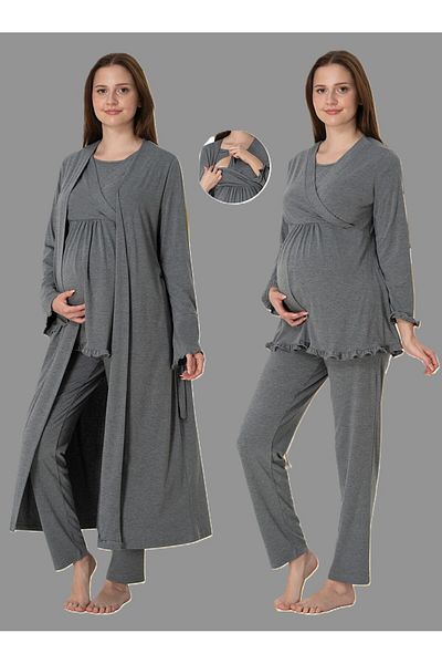 LOHOUSE Women's Smoked Long Sleeve Full Length Dressing Gown Double Breasted Maternity 3-Piece Pajamas Set