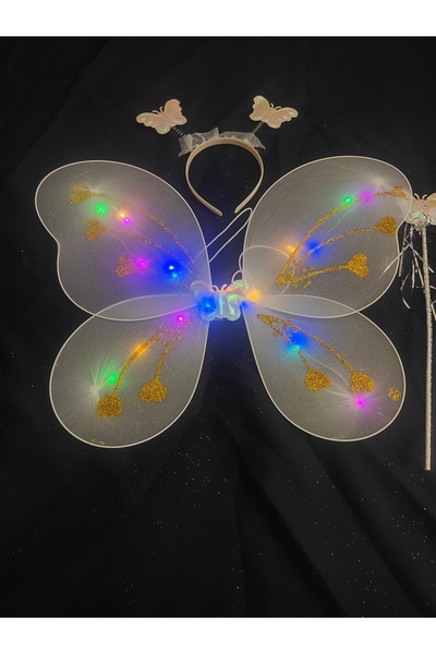 Beryka White Led Luminous Butterfly Wing Set with Crown and Wand - Girl Costume