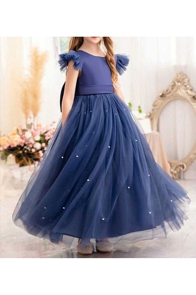 NSMLİFE Girls' Princess Dress with Drawstring/Ruffle Sleeves Navy Blue Long Pearls Graduation Birthday Dress