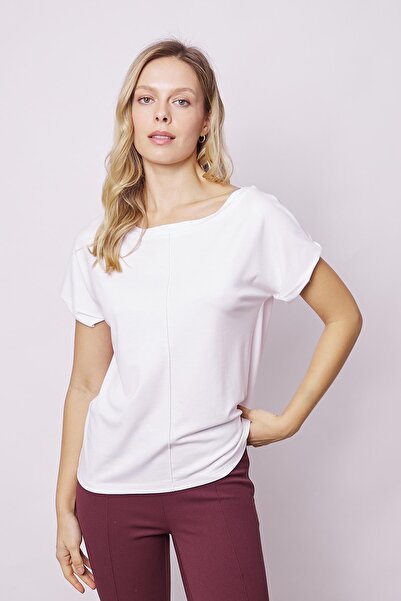 Jument White Off-Shoulder T-Shirt Blouse - Stylish Span Fabric, Boat Neck, Front Seam Detail