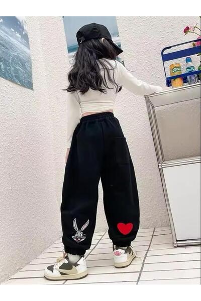 Baxia Kız Çocuk Siyah Gri Renk Standart Fit Beli Paçası Lastikli Jogger Eşofm...