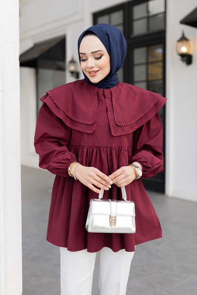 LOCCO Claret Red Γυναικείο Πουκάμισο - Διπλό Γιακά και Σχέδιο Guipure