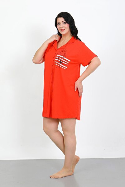 Akbeniz Plus Size Combed Cotton Buttoned Pomegranate Flower Tunic Nightgown 1025