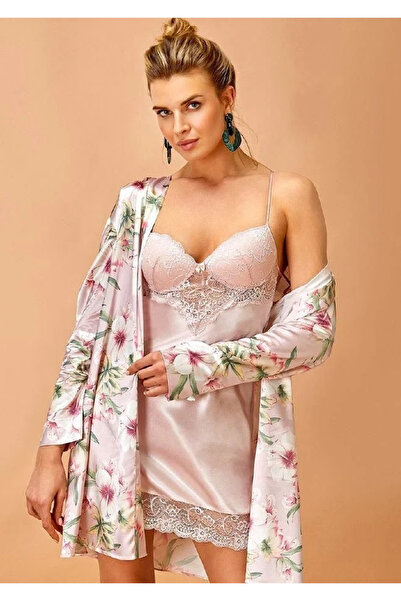 QKK Kadın Pudra Çiçek Desenli Saten Kimono Takım