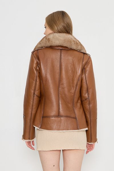 By Marki Marki Genuine Leather Women's Coat - Tan, Special Fur Collar, Zippered Sleeves Detail, Antique Design - 116422