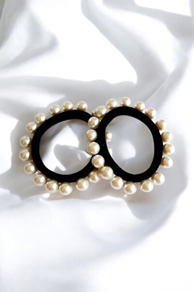 PETEK AKSESUAR Μεγάλη γυναικεία μαύρη λαστιχένια αγκράφα με λευκές πέρλες