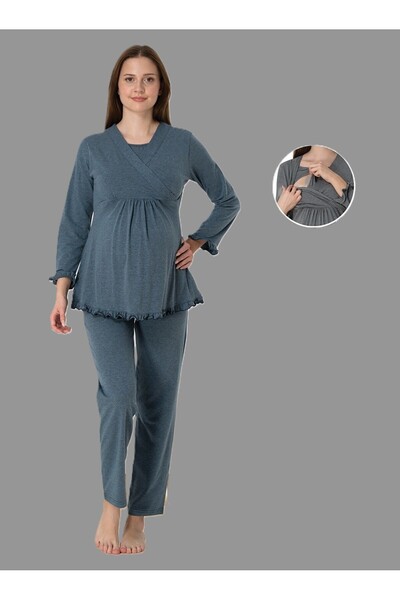 LOHOUSE Kadın Antrasit  Uzun Kol Kruvaze Lohusa Hamile Pijama Takım