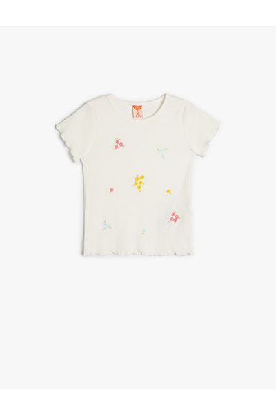Koton Floral Embroidery Detail Crew Neck Short Sleeve Cotton T-Shirt