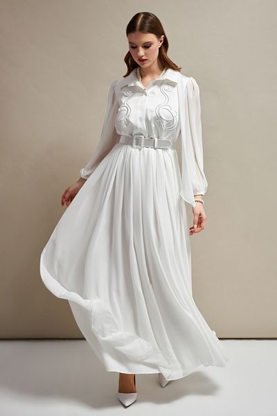 İnce Plus Size Long Chiffon Evening Dress with Embroidery and Belt Detail