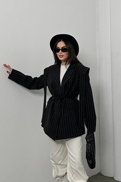 msm fashion Kadın Oversize Blazer Ceket Çizgili Kuşaklı Omuz Detaylı