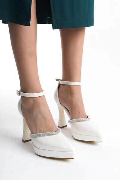 Shu Mhu Women's Platform Pointed Toe Rhinestone Ankle Strap Satin Material 11cm Square Heels Evening Dress Shoes