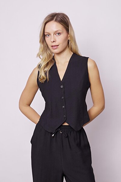 Jument Women's Lycra-Free Linen Look Short Lightweight Relaxed Fit Vest with Back D Buckle-Black