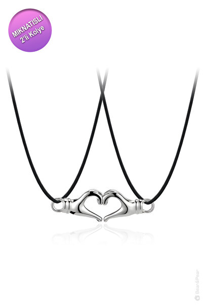 BearPear Çift Kalp Şeklinde El 2'li Mıknatıslı Kolye Sevgili Çift Kolyesi