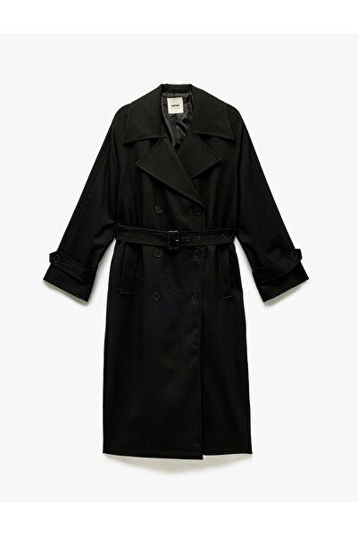 Koton Dlouhý dvouřadý gabardinový trenčkot s podšívkou a kapsami