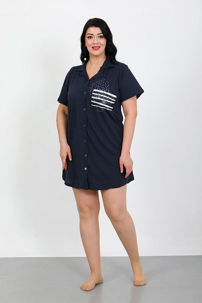 Akbeniz Large Size Combed Cotton Buttoned Navy Blue Tunic Nightgown 1025