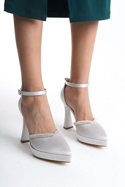 Shu Mhu Women's Platform Pointed Toe Rhinestone Ankle Strap Satin Material 11cm Square Heels Evening Dress Shoes