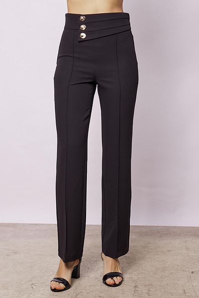 Jument Women's High Waist Front Stitched Belt Buttoned Comfortable Leg Lightweight Lycra Fabric Office Pants-Black