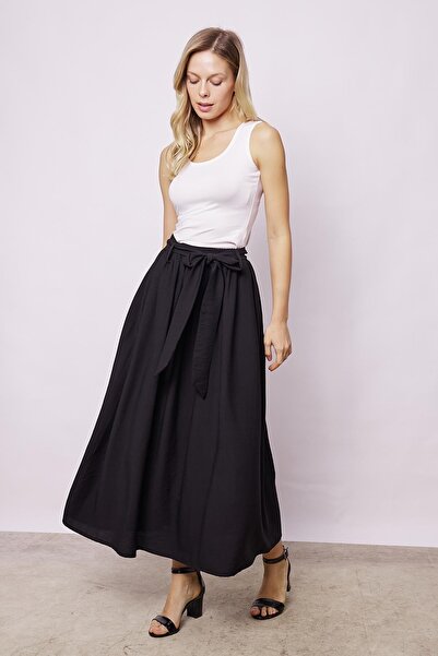 Jument Linen Look Lycra Free Mid-Length Women's Skirt - Tie-Up Ankle Kiloş - Black