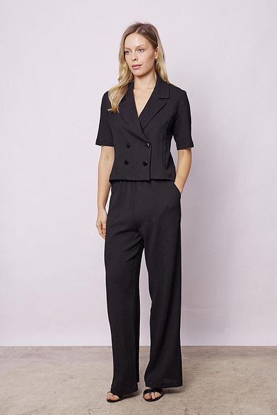 Jument Women's Crinkle Fabric High Waist Elastic Waist Side Pocket Wide Leg Palazzo Pants-Black