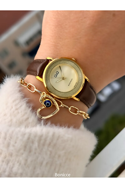 Q&Q Marka Kahverengi Deri Kordon, Kadın Kol Saati Kalp li Bileklik