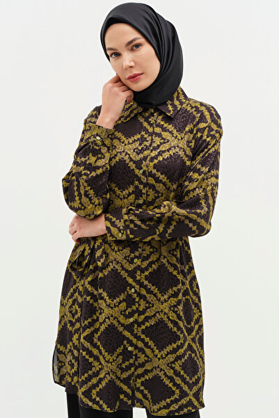 Tuğba Kuşaklı Yırtmaç Detaylı Desenli Tunik - Haki