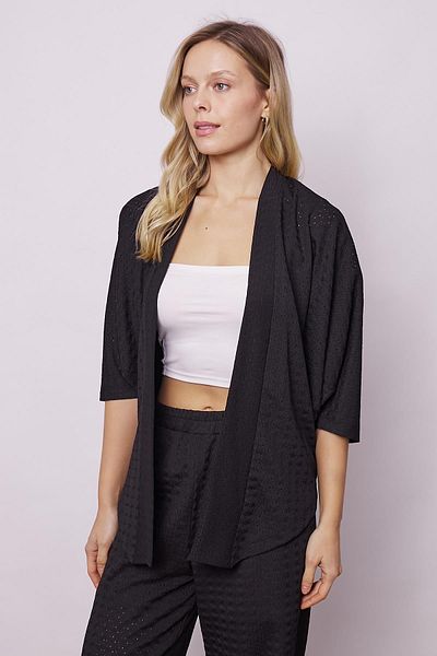 Jument Women's Lycra Perforated 1St Class Fabric Lace Bat Casual Comfortable Cut Stylish Cardigan-Black