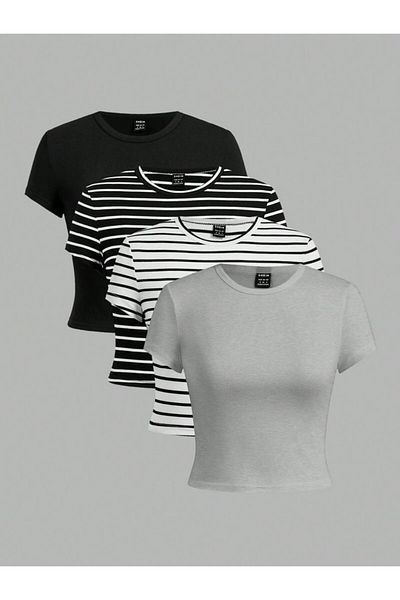 ÖZ PAMUK Women's 4-Piece Corded 100% Cotton Crew Neck Knitted Crop T-Shirt