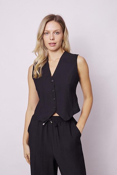 Jument Women's Lycra-Free Linen Look Short Lightweight Relaxed Fit Vest with Back D Buckle-Black