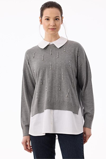 Tığ Triko Beaded shirt detailed tunic gray