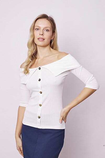 Jument Women's Short Sleeve Lycra Bodysuit - Metal Button Detail, Stylish Cream