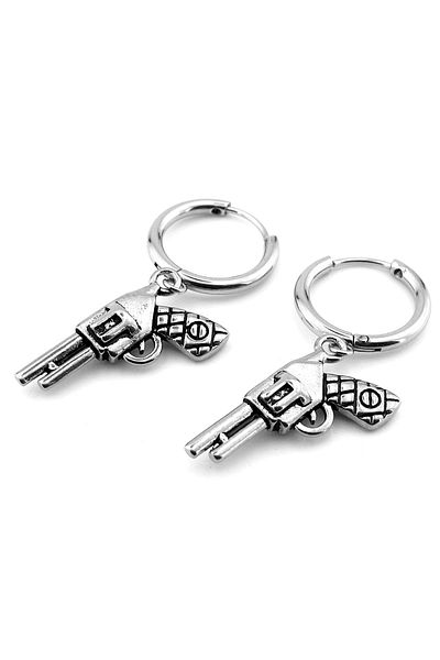 Solfera Revolver Altitudes Pistol Gun Stainless Steel Hoop Mens Earrings Er184