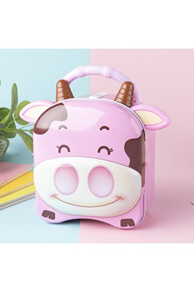 Livava Sevimli Inek Çantalı Ve Kilitli Metal Kumbara, Pembe, 15x14