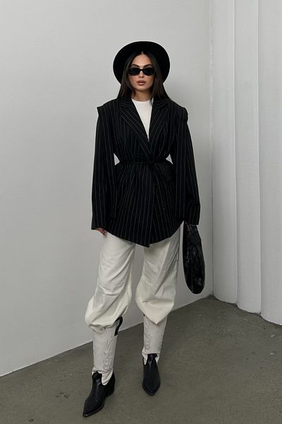 msm fashion Ριγέ Oversize Blazer Γυναικείο Μπουφάν - Ζώνη και Λεπτομέρεια ώμου