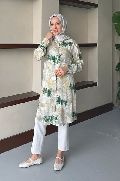 MODAQU Green Cotton Viscose Brush Pattern Tunic
