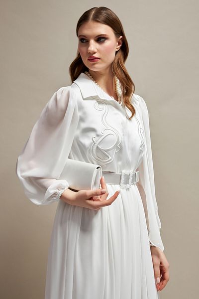 İnce Plus Size Long Chiffon Evening Dress with Embroidery and Belt Detail