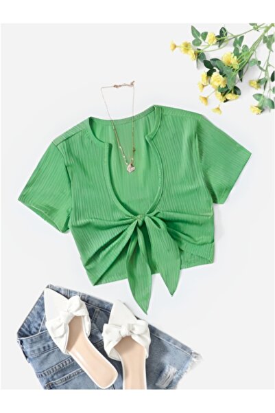 MOONBULL Дамска къса блуза от набрана материя с връзки отпред