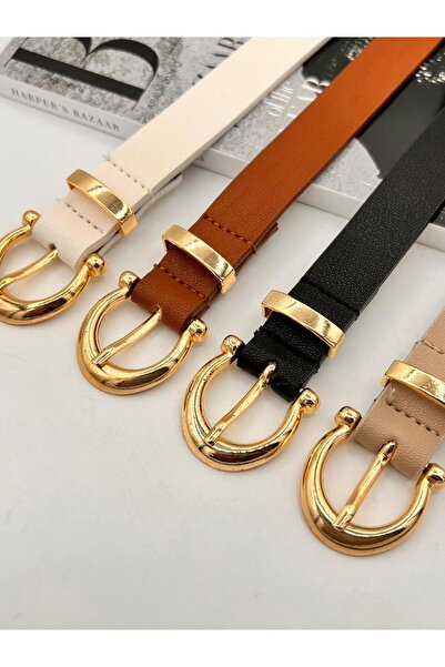 MODAM HİFA 4'Lü Gold Buckle Bridged Thin Women's Belt Trouser Belt Dress Belt Shirt Belt Coat Belt
