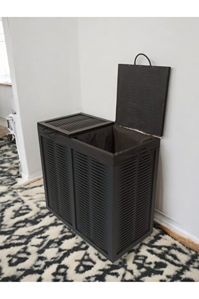 woodluck Ahşap Hasır Görünümlü Çift Bölmeli  2 Kapaklı Kirli Çamaşır Sepeti (SİYAH)