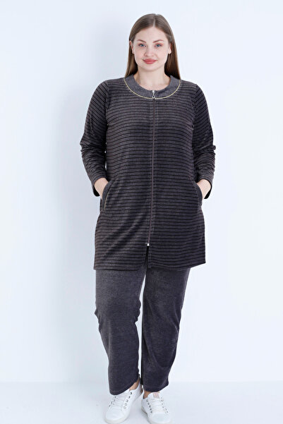 İntensive Women's Brown Line Print Long Sleeve Ribbed Zippered Plus Size Cotton Velvet Bottom Top Suit