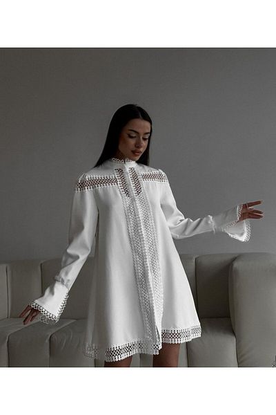 Şair Women's Spanish Sleeve White Laced Deal Merch Shirt Dress