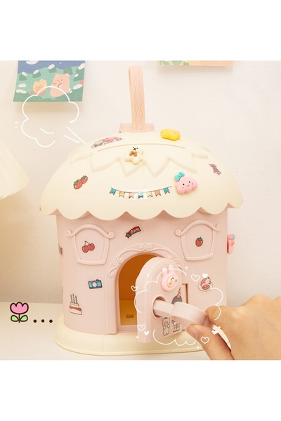 Genel Markalar Sevimli Ev Kilitli Ve Askılı Kumbara Işıklı Ve Yapışkanlı, Pem...