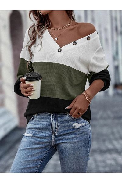 Kokosh moda Γυναικεία μακρυμάνικη μπλούζα με λαιμόκοψη σε V με κουμπιά πολύχρωμη βάφλα