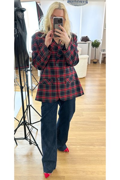 Modaonna Ekose desen kırmızı blazer ceket