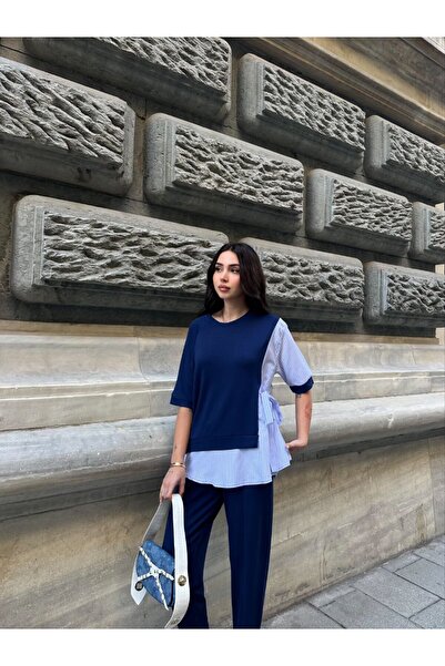 Gallogi Terikoton Striped Side Ribbon Blouse-Pants 2-Piece Set